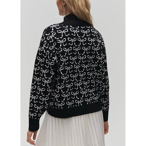 Anthropologie MAEVE Montana‎ Bow Print Sweater Knit Mock Neck Half Zip Large