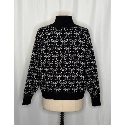 Anthropologie MAEVE Montana‎ Bow Print Sweater Knit Mock Neck Half Zip Large