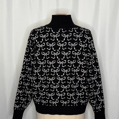 Anthropologie MAEVE Montana‎ Bow Print Sweater Knit Mock Neck Half Zip Large