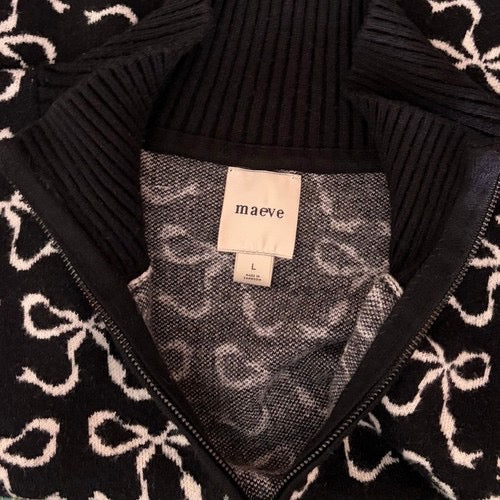 Anthropologie MAEVE Montana‎ Bow Print Sweater Knit Mock Neck Half Zip Large
