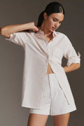 By ANTHROPOLOGIE Longline Button Down Pink White Stripe Shirt Buttondown Large