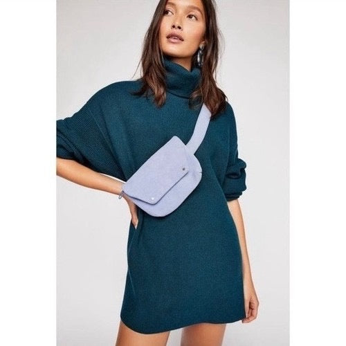 FREE PEOPLE Softly Structured Solid Teal Sweater Turtleneck Tunic Knit‎ Medium