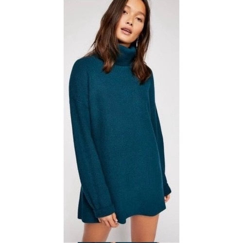 FREE PEOPLE Softly Structured Solid Teal Sweater Turtleneck Tunic Knit‎ Medium