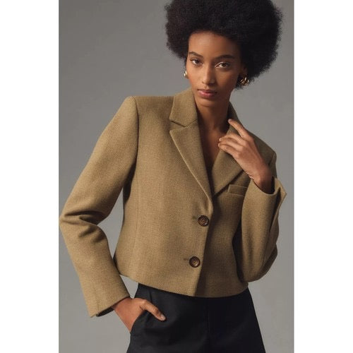 By ANTHROPOLOGIE Cropped Blazer Tailored Jacket Moss Green Solid‎ Textured 10