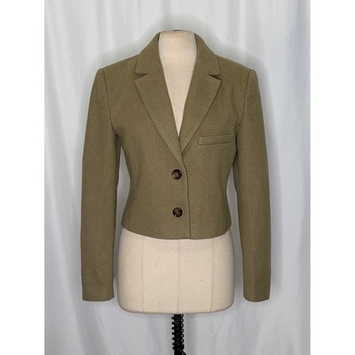 By ANTHROPOLOGIE Cropped Blazer Tailored Jacket Moss Green Solid‎ Textured 10