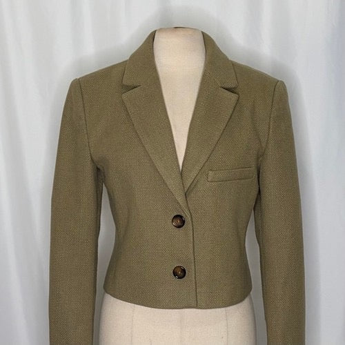 By ANTHROPOLOGIE Cropped Blazer Tailored Jacket Moss Green Solid‎ Textured 10