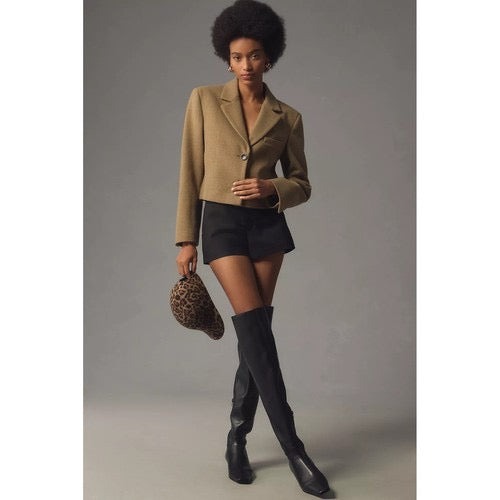 By ANTHROPOLOGIE Cropped Blazer Tailored Jacket Moss Green Solid‎ Textured 10