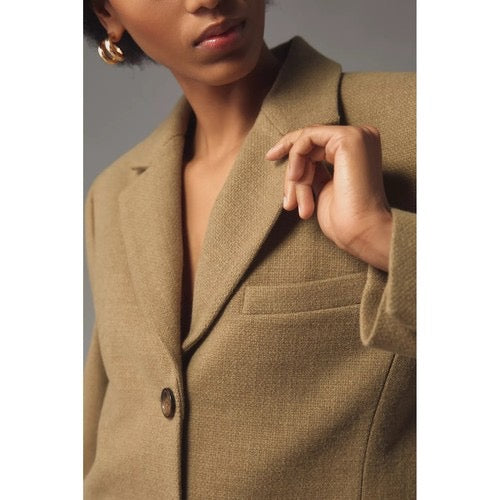 By ANTHROPOLOGIE Cropped Blazer Tailored Jacket Moss Green Solid‎ Textured 10