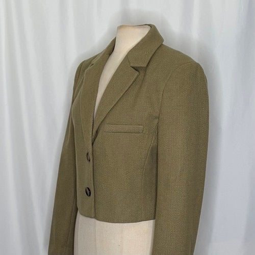 By ANTHROPOLOGIE Cropped Blazer Tailored Jacket Moss Green Solid‎ Textured 10