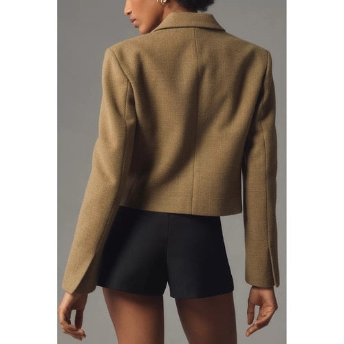 By ANTHROPOLOGIE Cropped Blazer Tailored Jacket Moss Green Solid‎ Textured 10