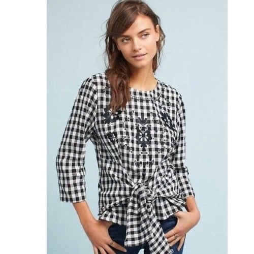NWT!! Anthropologie SEEN WORN KEPT Black &‎ White Gingham Top Embroidered Size 4
