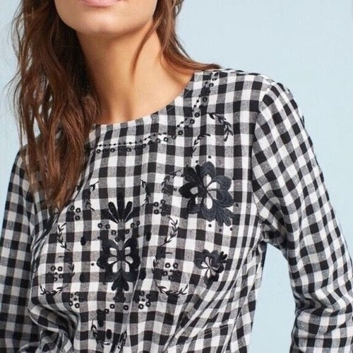 NWT!! Anthropologie SEEN WORN KEPT Black &‎ White Gingham Top Embroidered Size 4