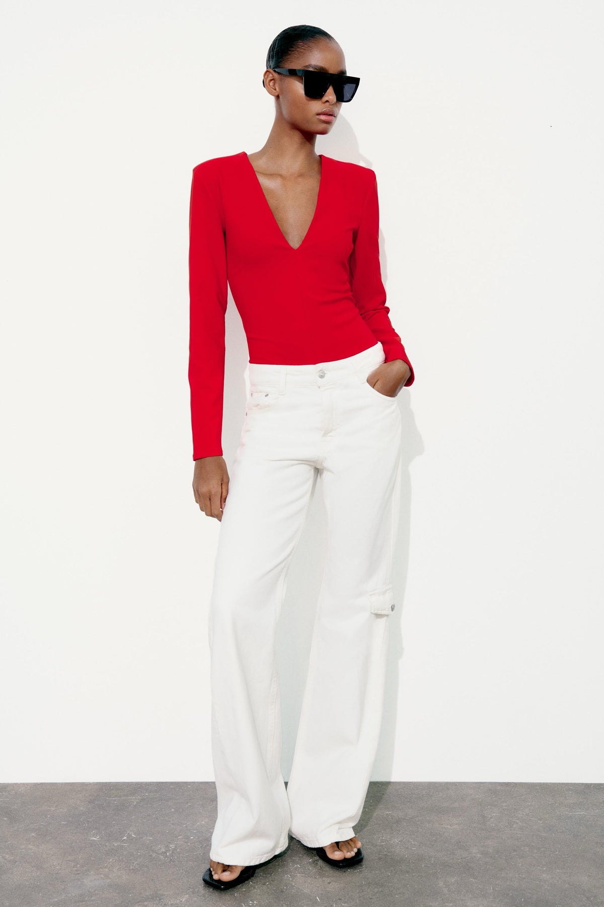 ZARA Red Structured Padded Shoulders Deep V Neck Long Sleeve Bodysuit X-Small