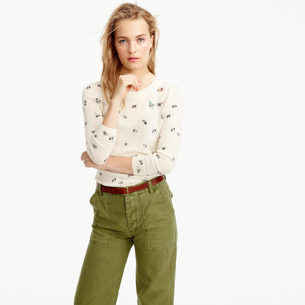J. CREW Tippi Bee Print Embellished Merino Wool Sweater Cream X-Small