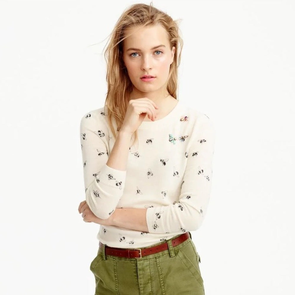 J. CREW Tippi Bee Print Embellished Merino Wool Sweater Cream X-Small