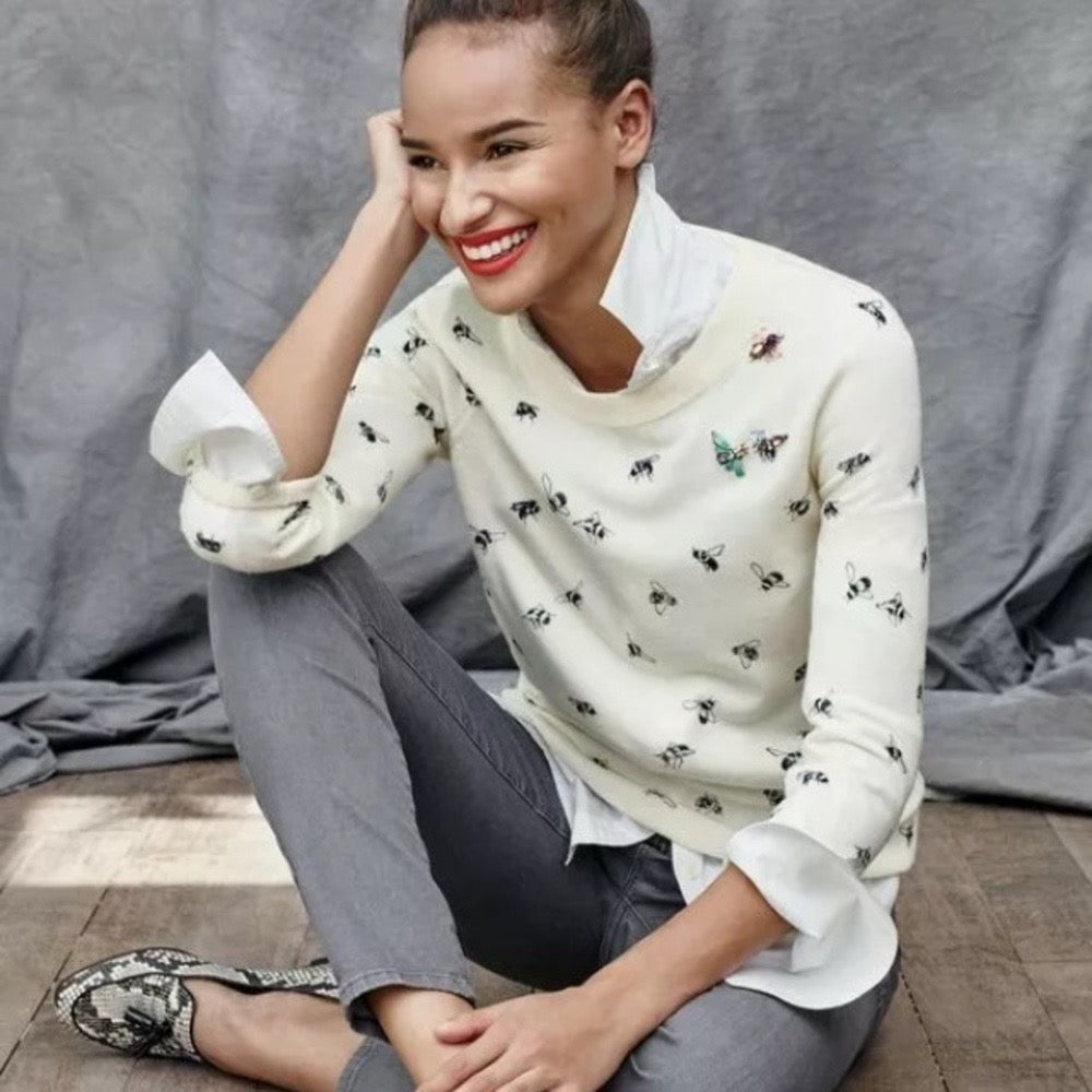 J. CREW Tippi Bee Print Embellished Merino Wool Sweater Cream X-Small