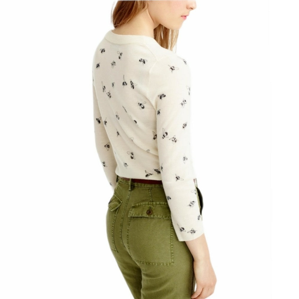 J. CREW Tippi Bee Print Embellished Merino Wool Sweater Cream X-Small