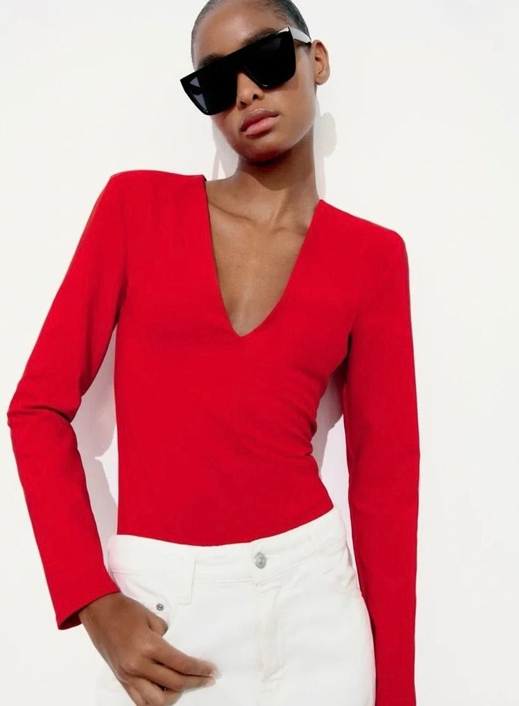 ZARA Red Structured Padded Shoulders Deep V Neck Long Sleeve Bodysuit X-Small