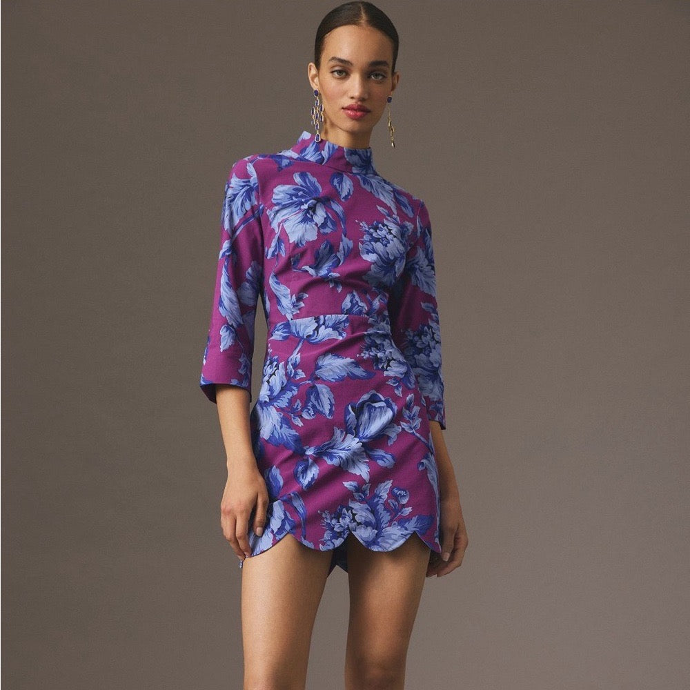 NWT Anthropologie MAEVE Mock-Neck Shift Mini Dress Floral Scalloped Size 6