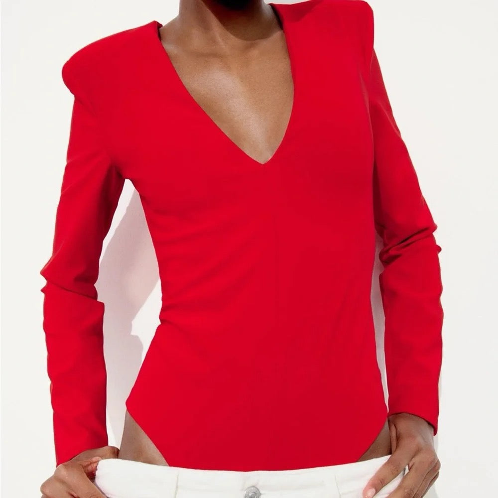 ZARA Red Structured Padded Shoulders Deep V Neck Long Sleeve Bodysuit X-Small