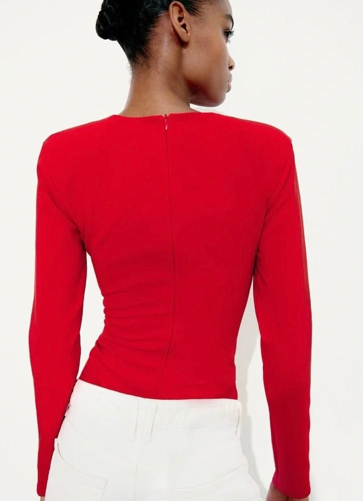 ZARA Red Structured Padded Shoulders Deep V Neck Long Sleeve Bodysuit X-Small