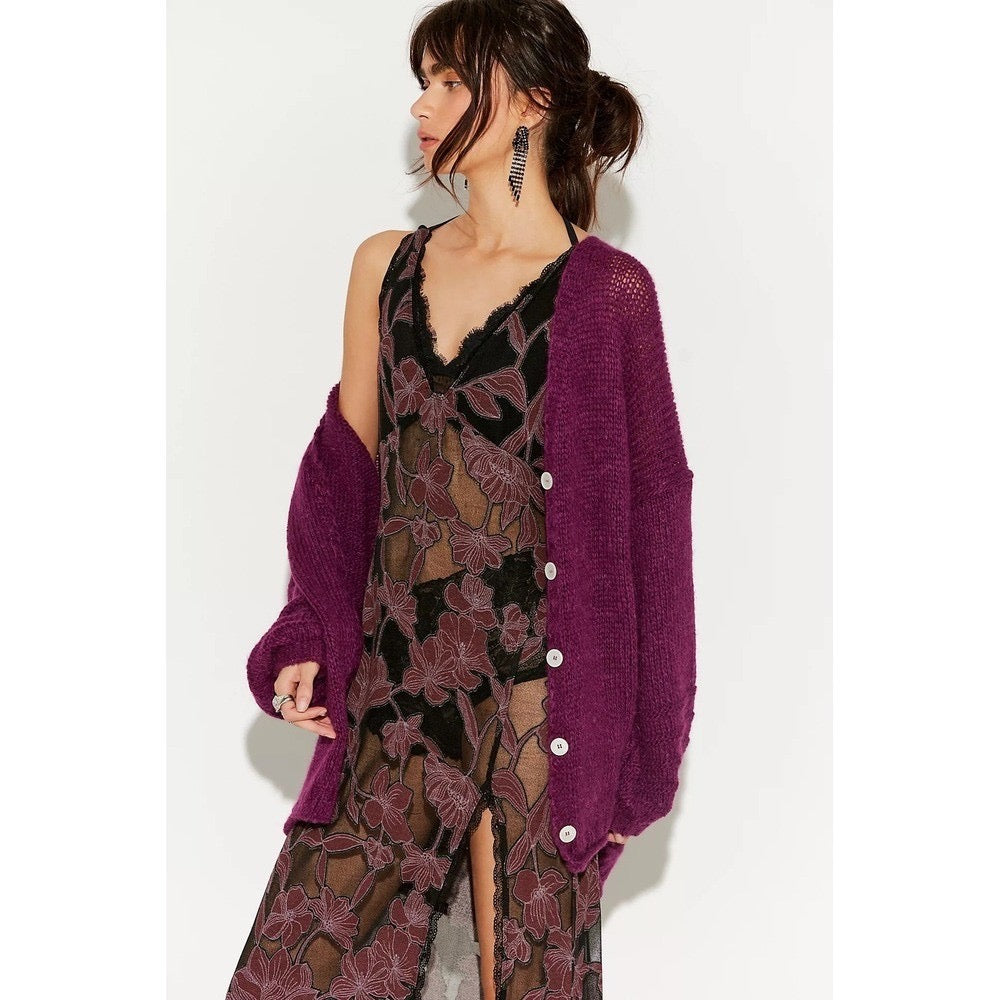 NWT!! FREE PEOPLE‎ Marina SoftSpun Cardi Cardigan Sweater Purple Wine Alpaca Small
