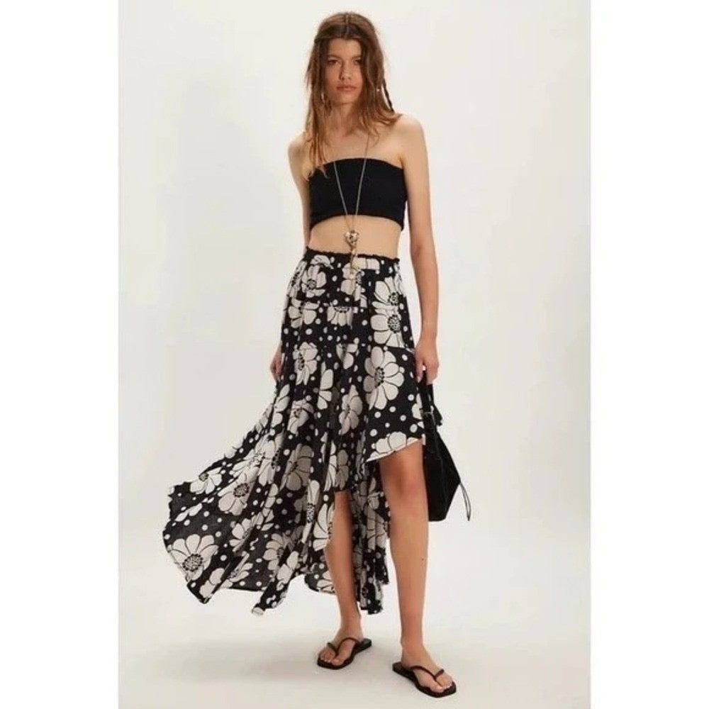 NWT!! FREE PEOPLE Poppy Printed Maxi Skirt Polka Dot‎ Floral Black White Medium