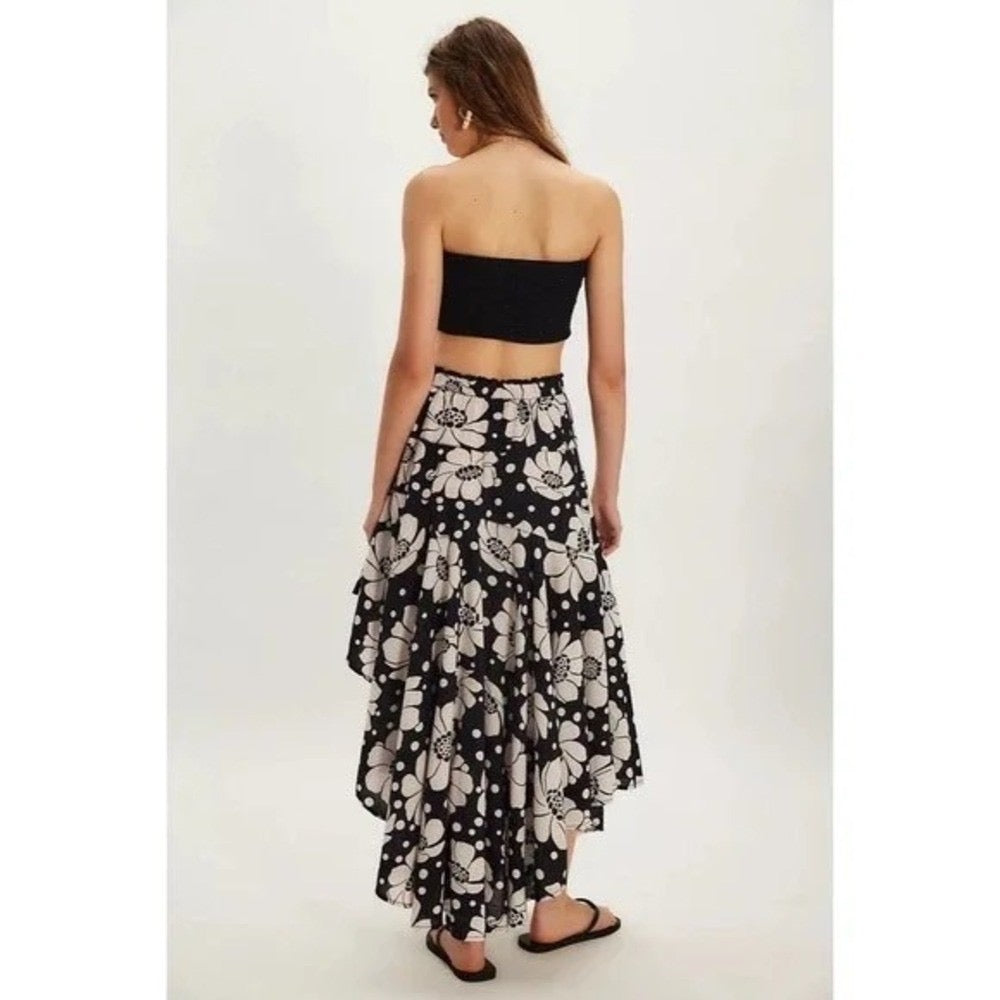 NWT!! FREE PEOPLE Poppy Printed Maxi Skirt Polka Dot‎ Floral Black White Medium