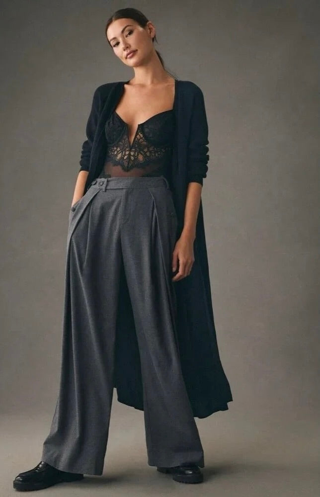 ANTHROPOLOGIE Long Twofer Cardigan Sweater Black Pleated Duster Solid Medium