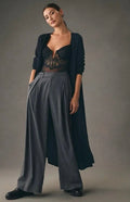 ANTHROPOLOGIE Long Twofer Cardigan Sweater Black Pleated Duster Solid Medium
