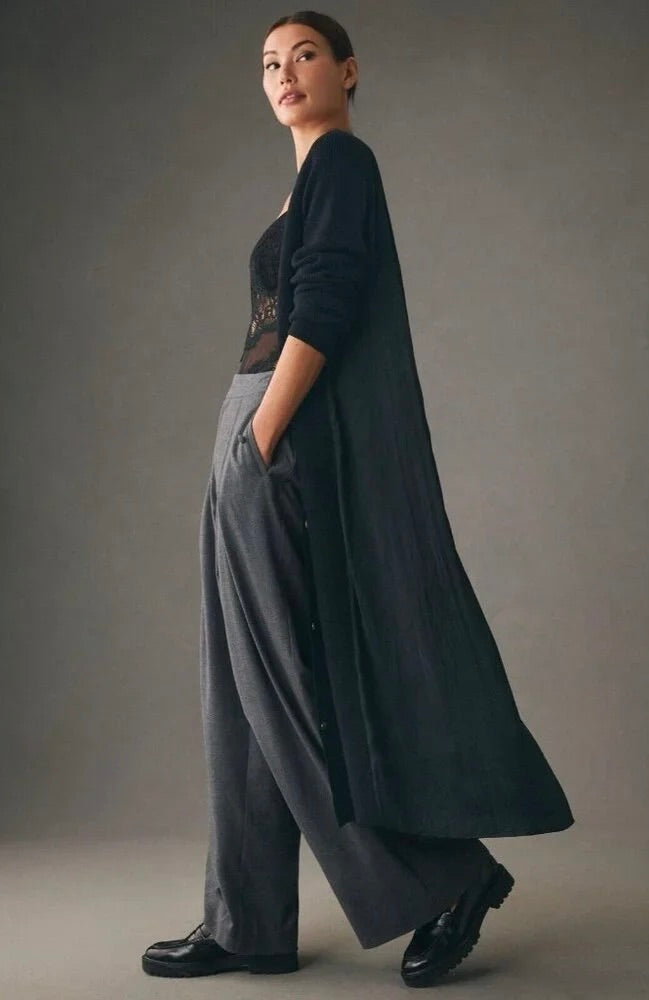 ANTHROPOLOGIE Long Twofer Cardigan Sweater Black Pleated Duster Solid Medium