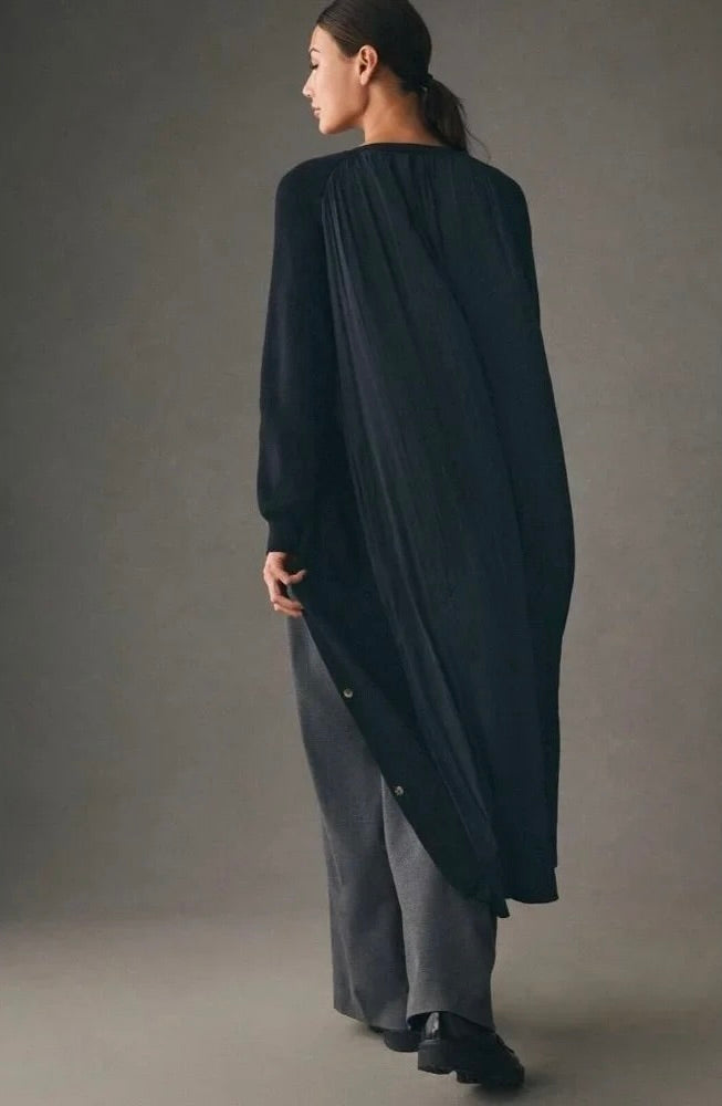 ANTHROPOLOGIE Long Twofer Cardigan Sweater Black Pleated Duster Solid Medium