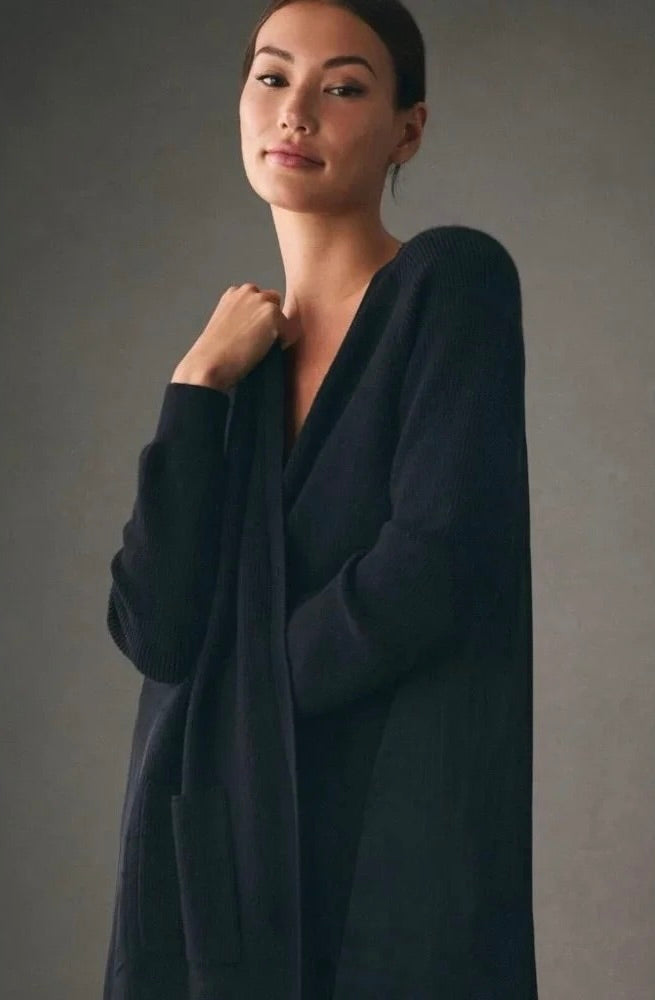 ANTHROPOLOGIE Long Twofer Cardigan Sweater Black Pleated Duster Solid Medium