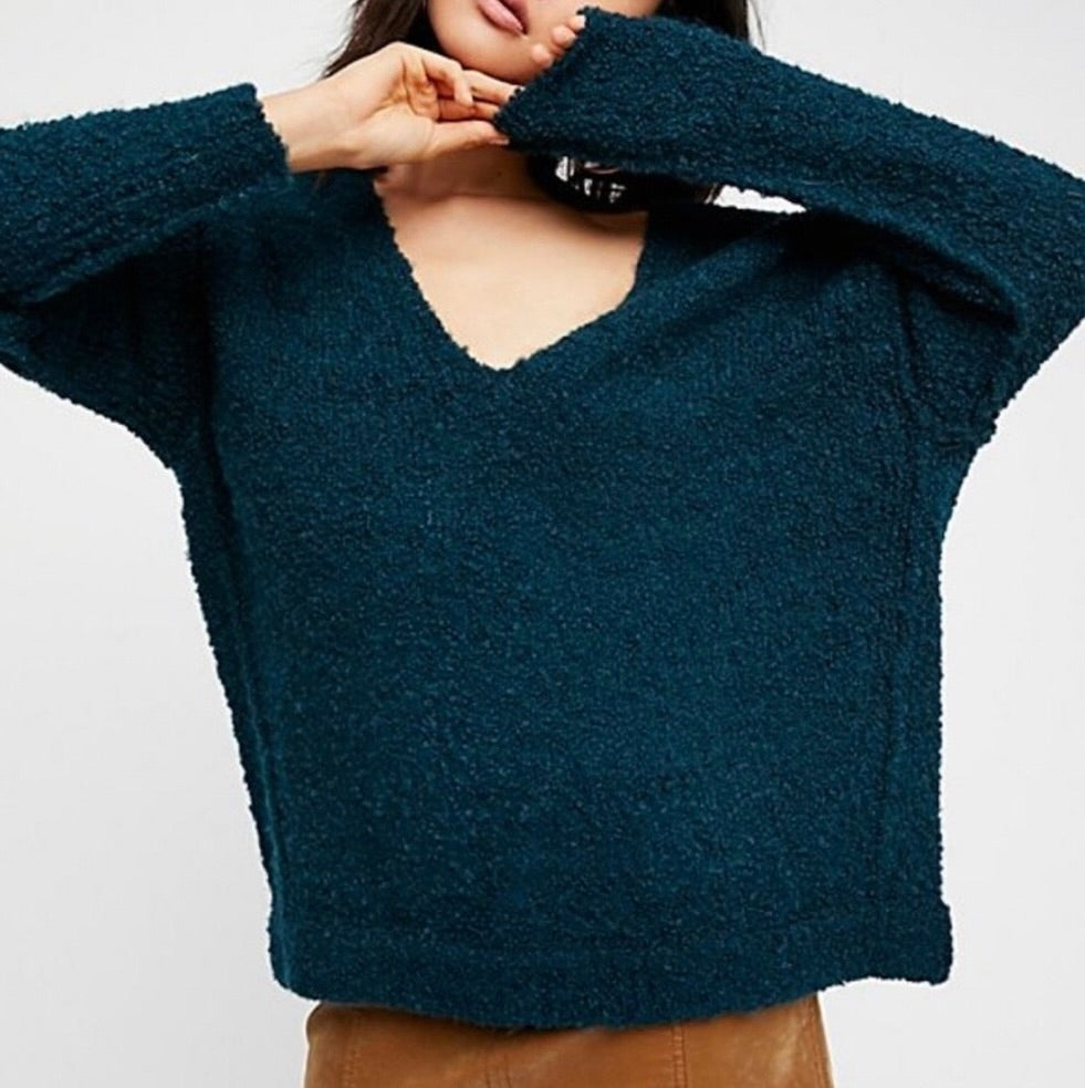 Free People Lofty V-Neck Sweater Dark Turquoise XS