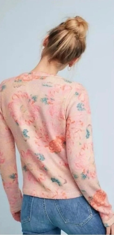 Anthropologie POSTMARK Devon Floral Cardigan Sweater Pink Knitwear Buttons Small