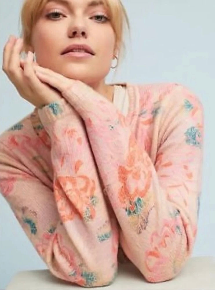 Anthropologie POSTMARK Devon Floral Cardigan Sweater Pink Knitwear Buttons Small