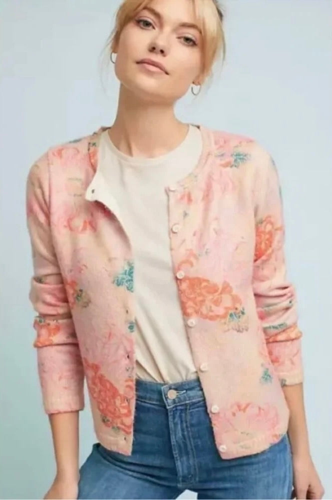 Anthropologie POSTMARK Devon Floral Cardigan Sweater Pink Knitwear Buttons Small
