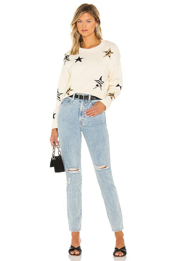 RAILS Perci Animal Star Sweater Ivory Black Camel Cotton Blend Knit X-Small