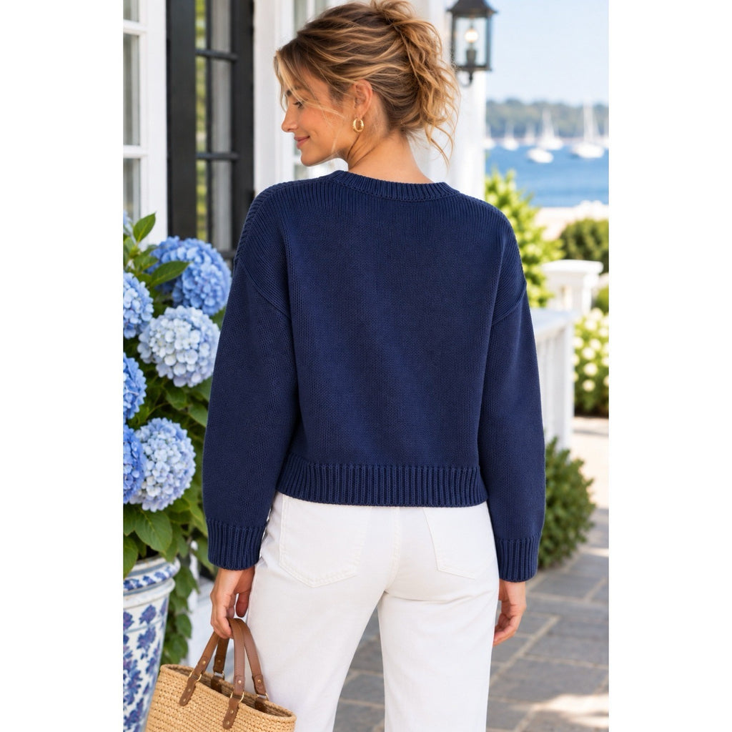 CAROLINE CONSTAS Navy Blue Cotton Cropped Cardigan Sweater Quiet Luxury Medium