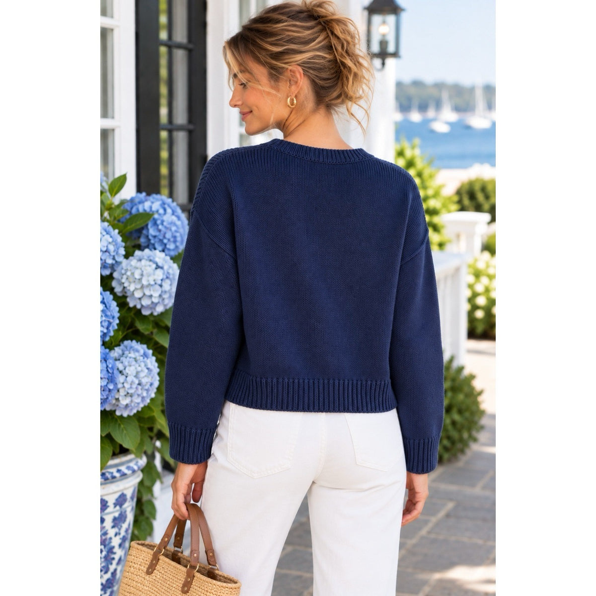 CAROLINE CONSTAS Navy Blue Cotton Cropped Cardigan Sweater Quiet Luxury Medium
