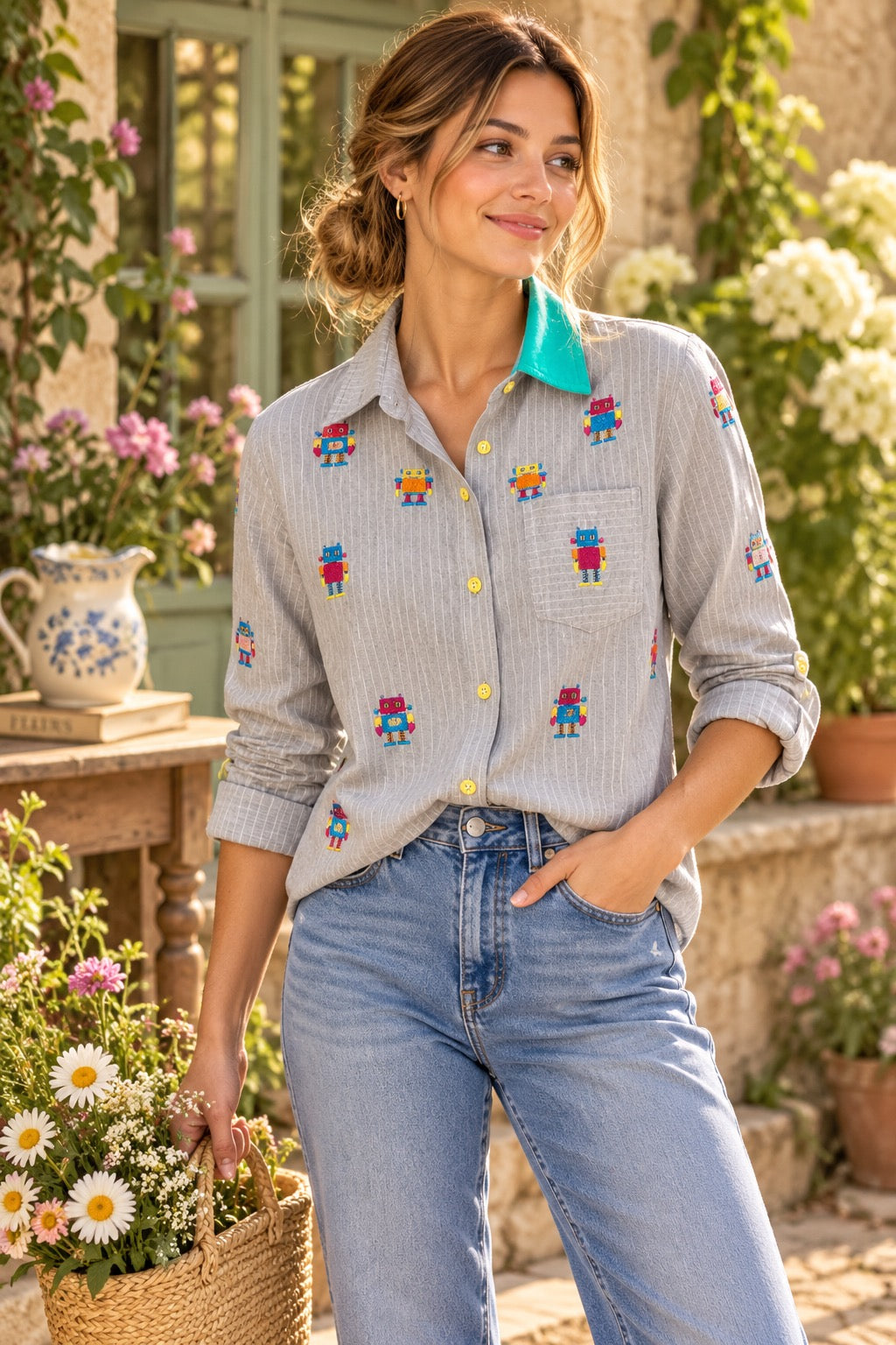 ELF SACK Embroidered Robot Pinstripe Shirt Small