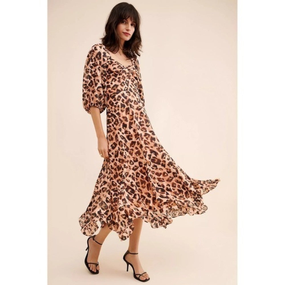 Anthropologie HUTCH Twist Puff Midi Dress Animal Leopard Print‎ Smocked Medium