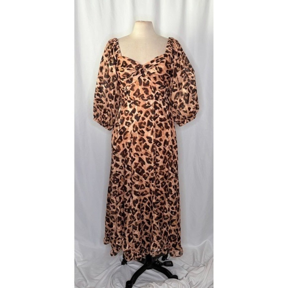 Anthropologie HUTCH Twist Puff Midi Dress Animal Leopard Print‎ Smocked Medium