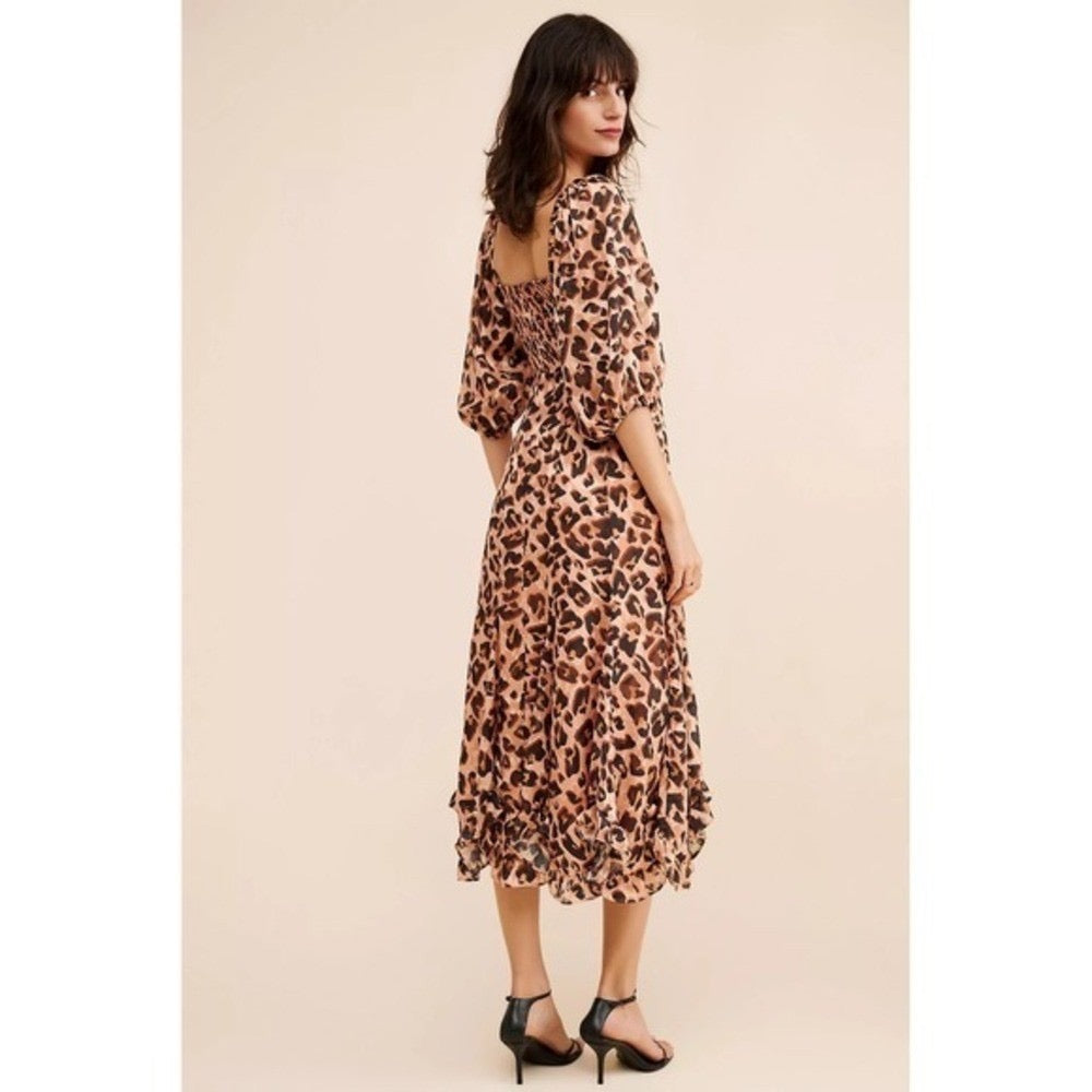 Anthropologie HUTCH Twist Puff Midi Dress Animal Leopard Print‎ Smocked Medium
