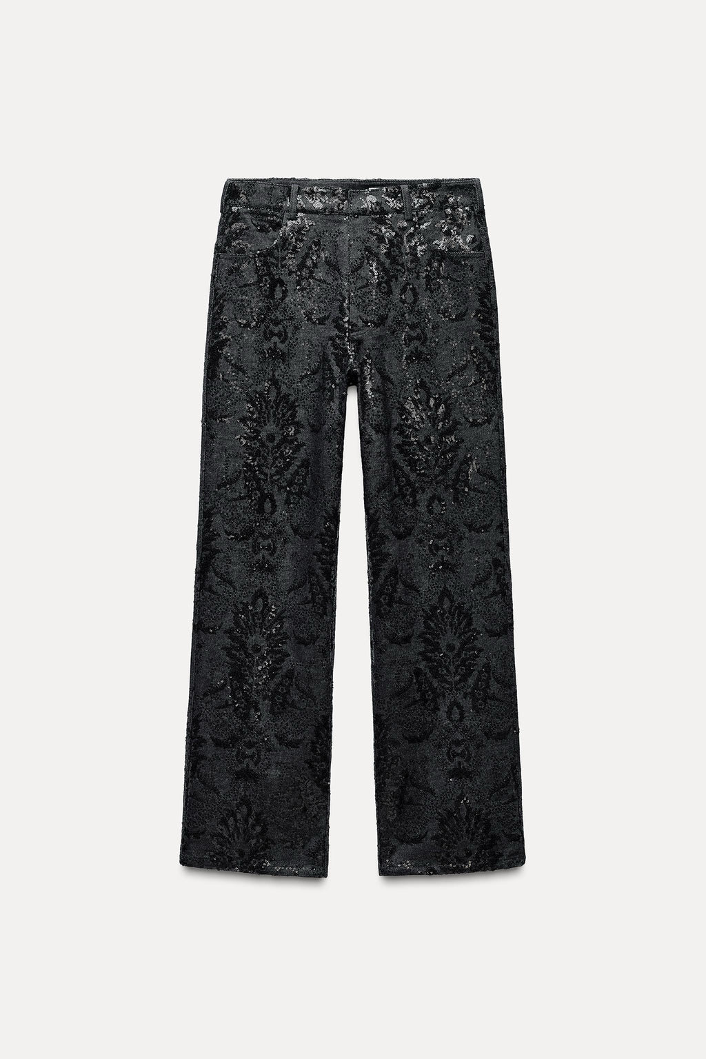 ZARA ZW Collection Sequin Paisley Straight Leg Jeans Black Runway Size 2