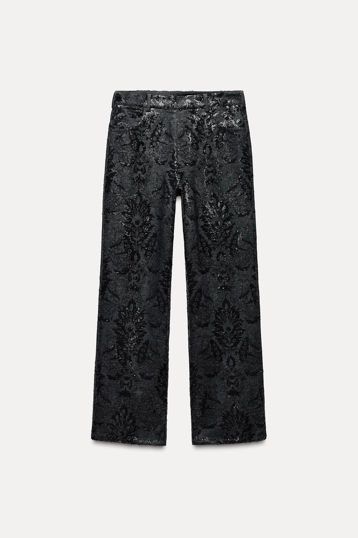 ZARA ZW Collection Sequin Paisley Straight Leg Jeans Black Runway Size 2