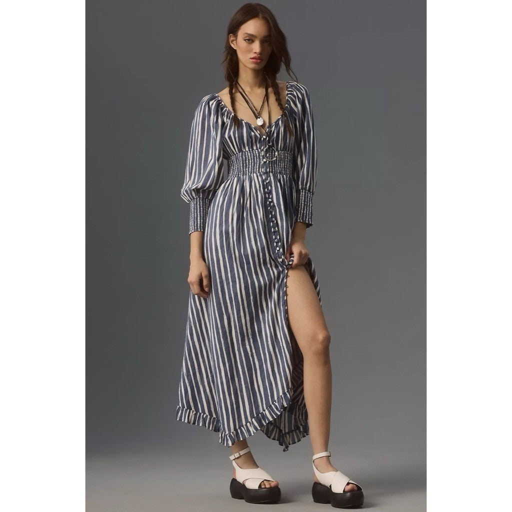 NWT!! By ANTHROPOLOGIE Long Sleeve Sweetheart Midi Dress Blue White Striped XS