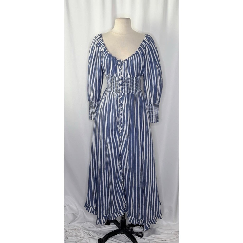 NWT!! By ANTHROPOLOGIE Long Sleeve Sweetheart Midi Dress Blue White Striped XS