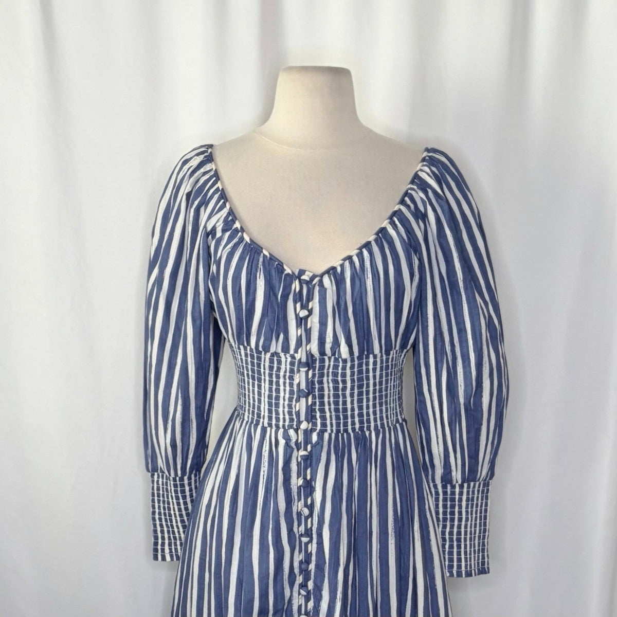 NWT!! By ANTHROPOLOGIE Long Sleeve Sweetheart Midi Dress Blue White Striped XS