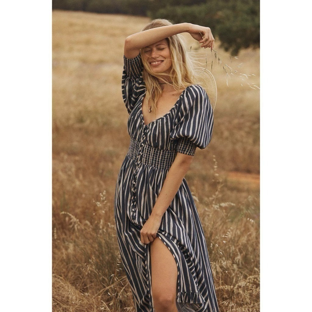 NWT!! By ANTHROPOLOGIE Long Sleeve Sweetheart Midi Dress Blue White Striped XS